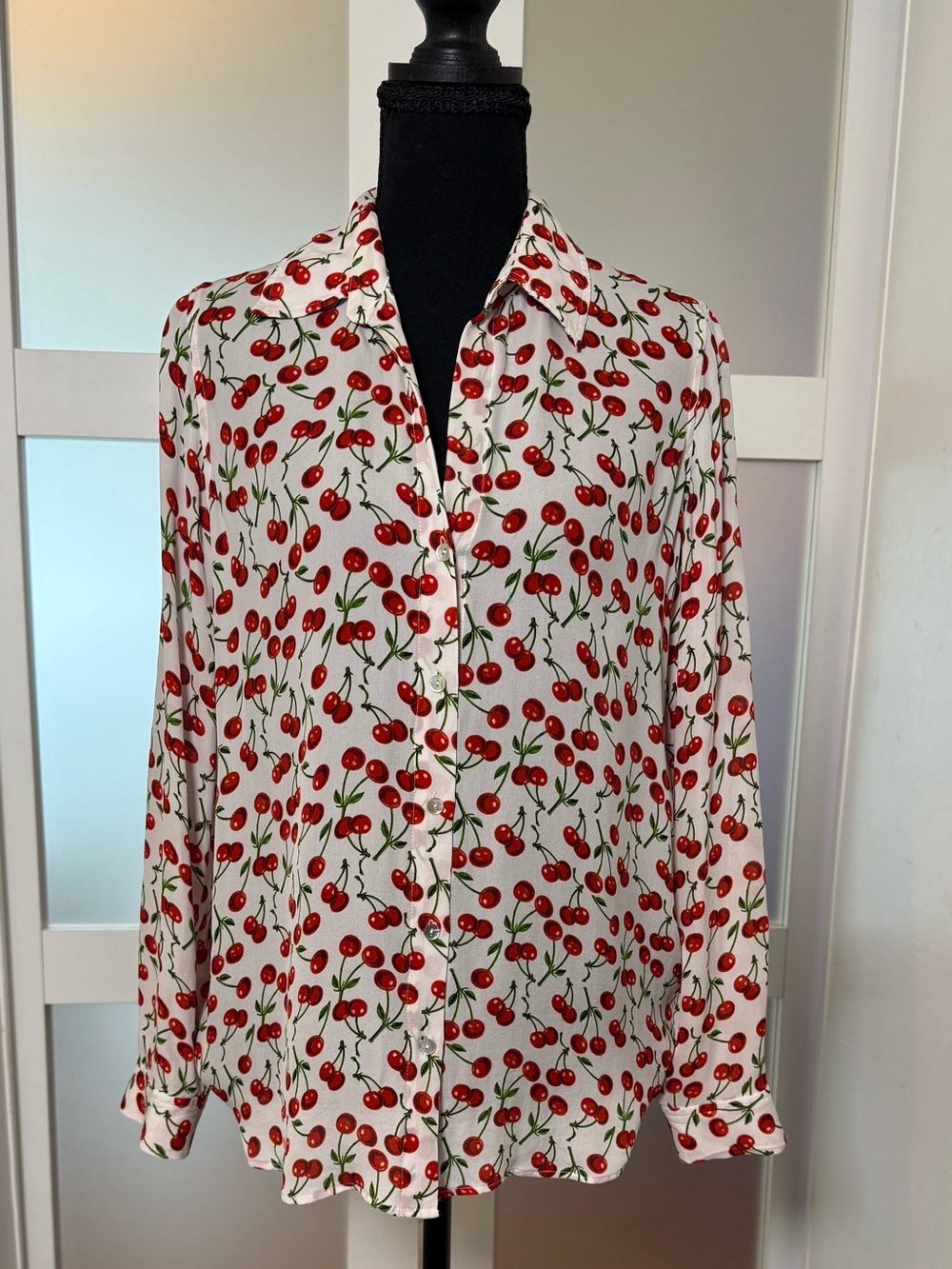 L'AGENCE Silk Button-Down Shirt with Red Cherry Print, Size Medium.